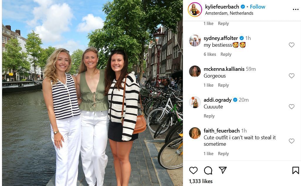 Sydney Affolter reacts to Kylie Feuerbach's IG post. Image via @kyliefeuerbach